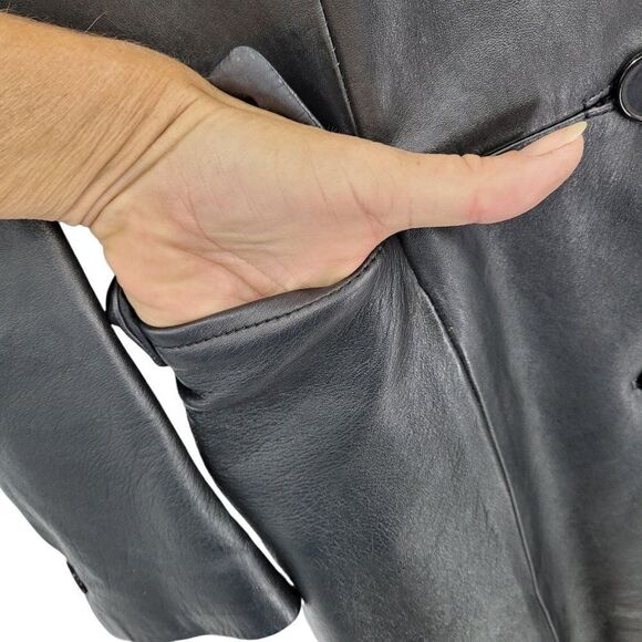 Vtg Trench Coat Faux Leather Wool Lined Longline Pockets Matrix Coplay Blk Sz S - Picture 7 of 11